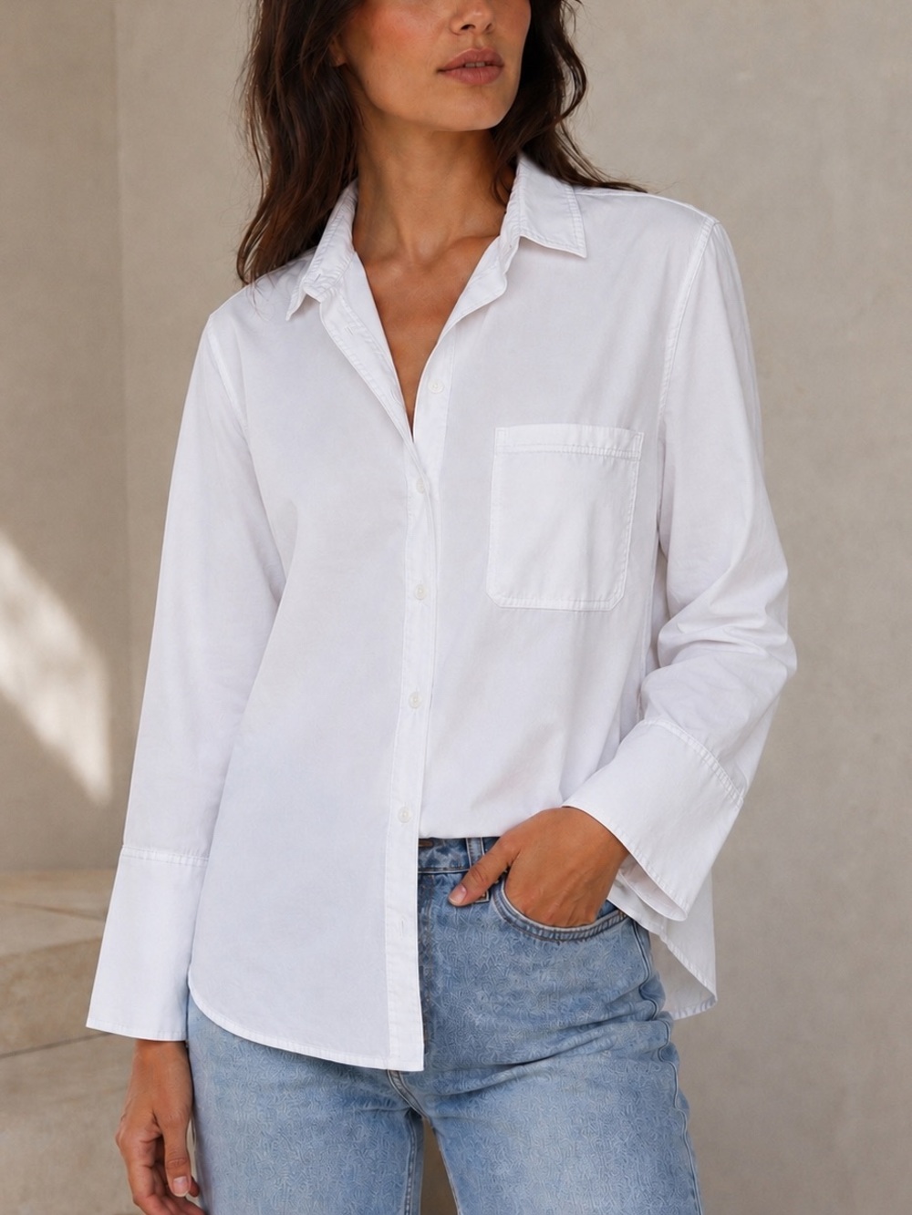Anthropologie cloth & stone white Button Up Shirt Size L Front Pocket wide cuffs